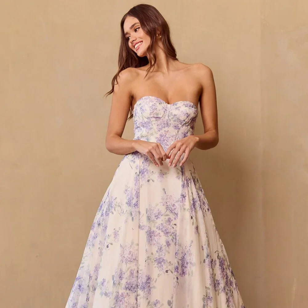 NEW FORMAL SLEEVELESS STRAPLESS A-LINE FLORAL DRESS W/ LACE UP BACK NX SU084